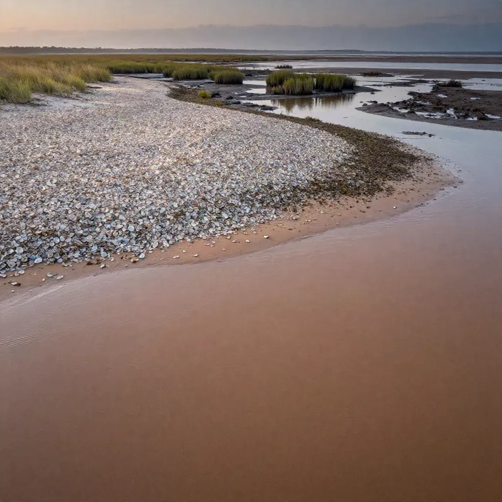 Oyster-shell shoreline and marsh flat under hazy dusk with calm copy space