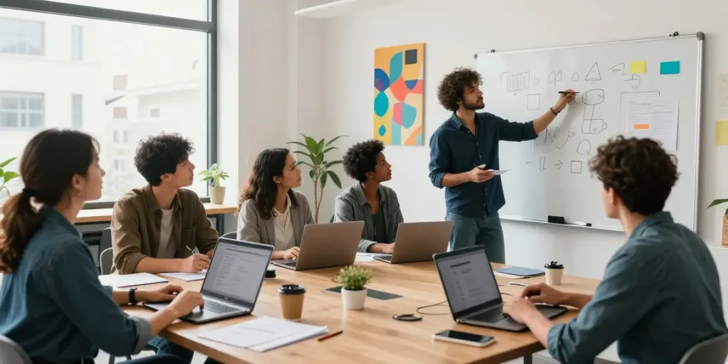 Group collaboration in a modern workspace, showcasing teamwork and innovation as they see here in 2026.