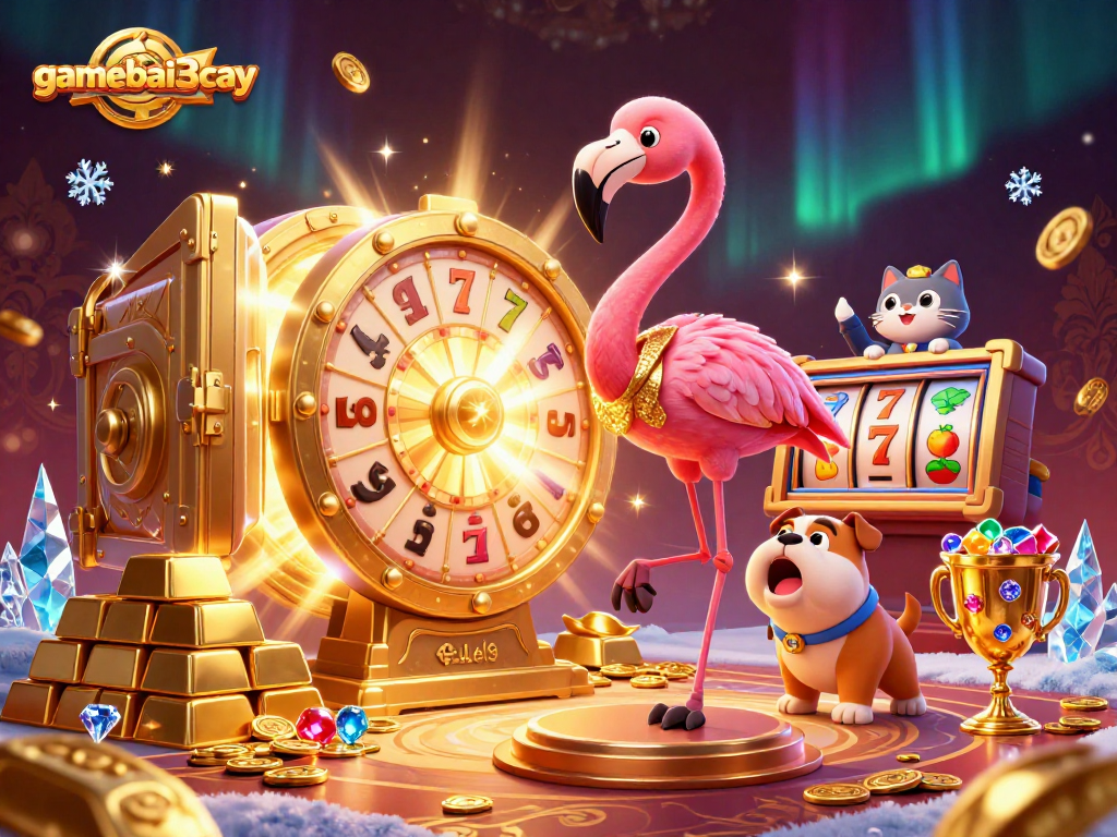 gamebai3cay spins excitement with a cartoon flamingo host and bulldog contender in a vibrant casino