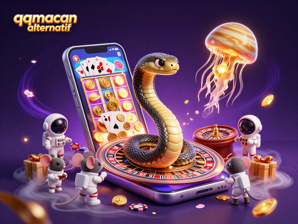 Engage with qqmacan alternatif in this vibrant casino-themed cosmic illustration featuring unique characters.