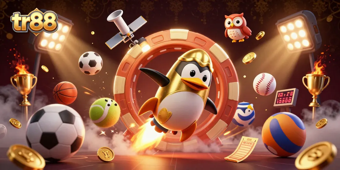 tr88 penguin flies toward a casino space station, surrounded by gold coins and sports elements.