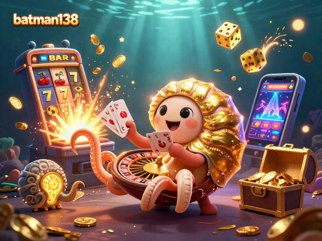 Play and win exciting games with batman138 in this vibrant casino-themed illustration.