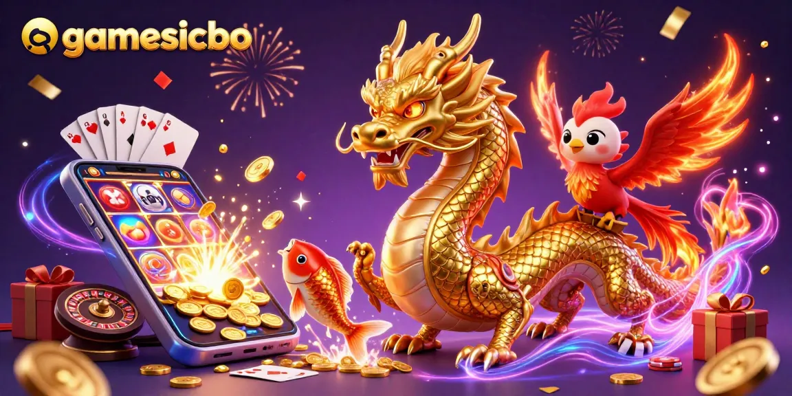 Engage with gamesicbo's thrilling Sicbo action featuring a dragon and phoenix amidst vibrant casino elements.