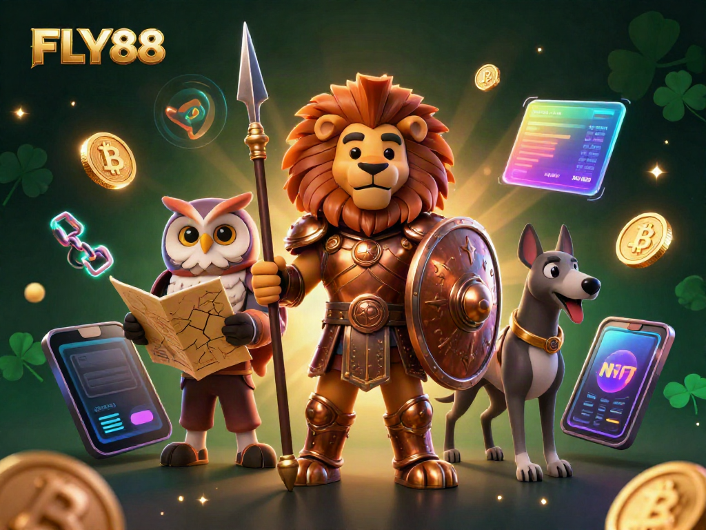 Experience the excitement of FLY88 with a vibrant 3D illustration featuring an armored lion and crypto elements.