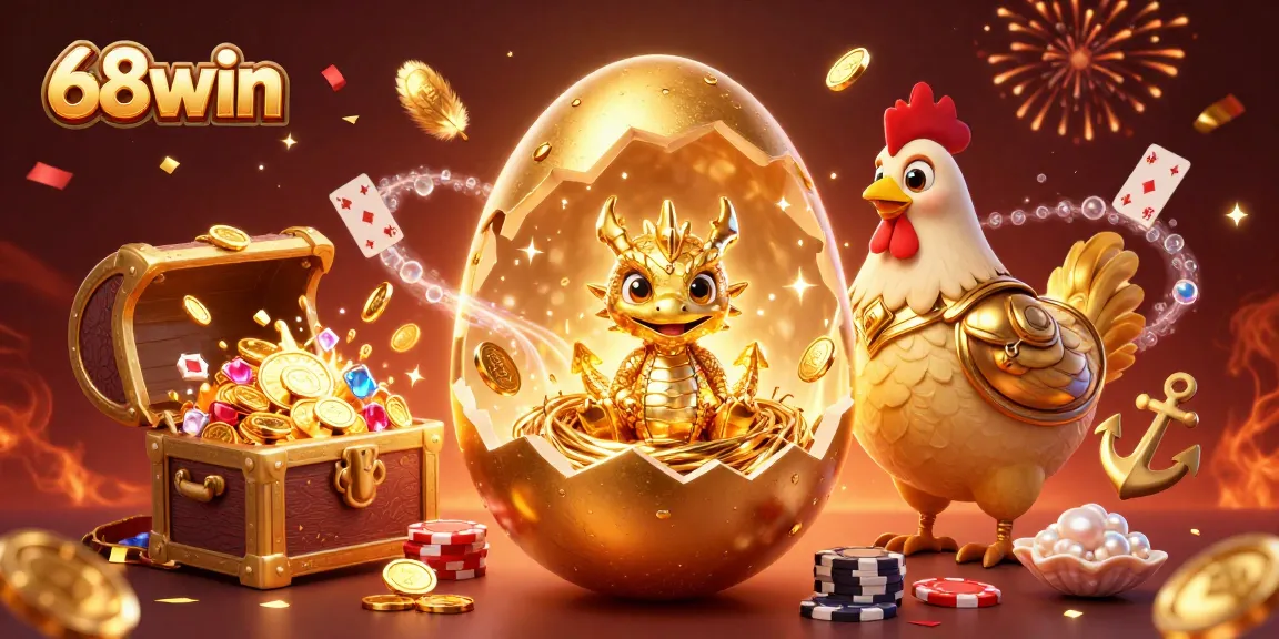 Join the excitement at 68win with a dazzling 3D casino-themed illustration showcasing golden treasures, poker chips, and a lively atmosphere.