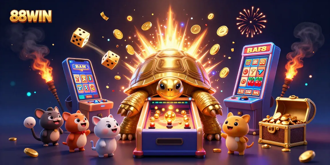 Experience thrilling play at 88WIN with a colossal tortoise pinball machine surrounded by vibrant casino elements.