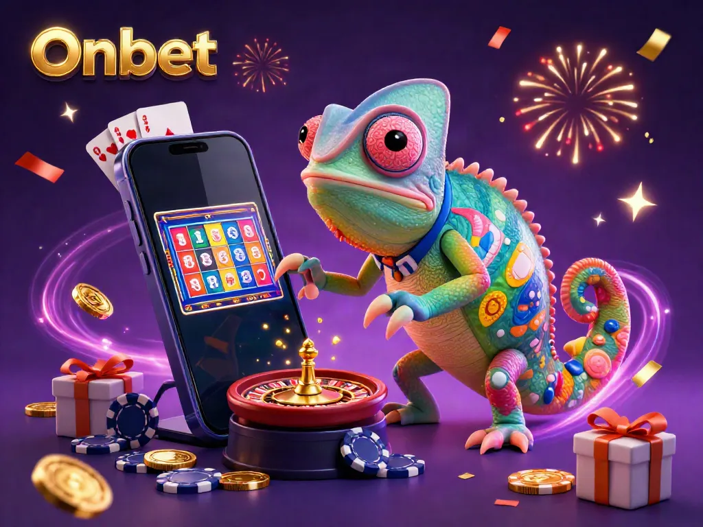 Engaging Onbet gambling scene with a dynamic chameleon casino owner, colorful slot games, and vibrant casino elements.