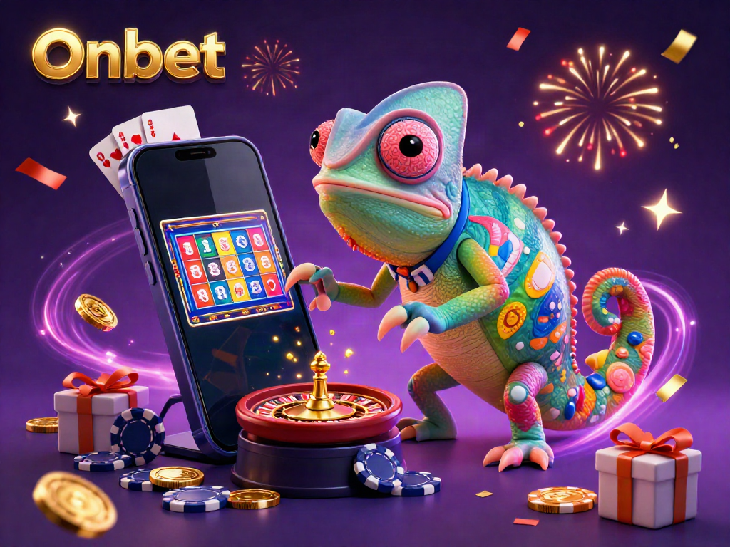 Engaging Onbet gambling scene with a dynamic chameleon casino owner, colorful slot games, and vibrant casino elements.