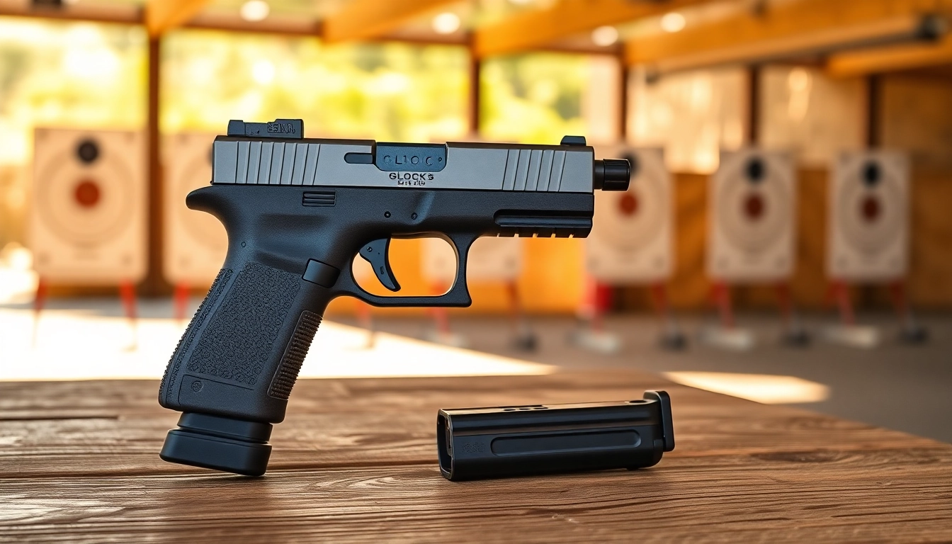 Showcasing the glock 43x mos on a shooting range table, highlighting its sleek design and functionality.