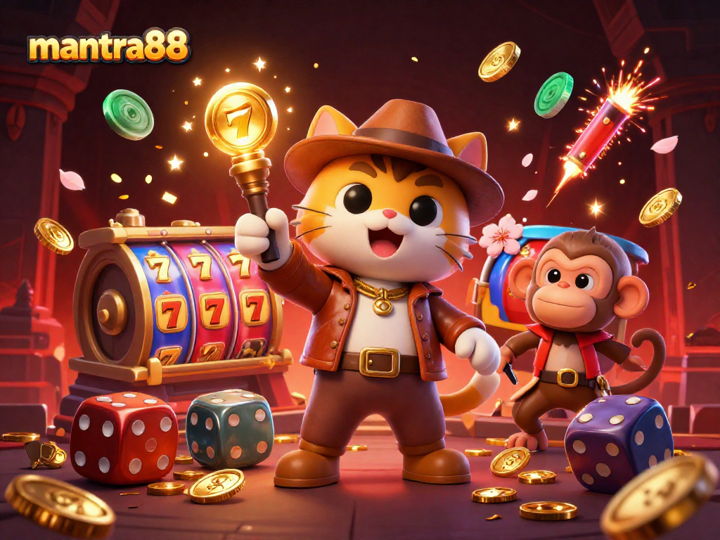 Win big at mantra88 with a lucky cat and monkey in a vibrant 3D casino adventure.