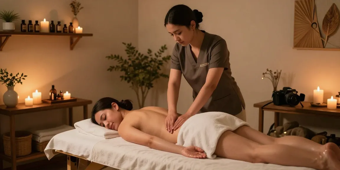 마사지 테라피를 받고 있는 고객, 아로마 오일과 조명으로 편안한 스파 환경을 연출합니다.