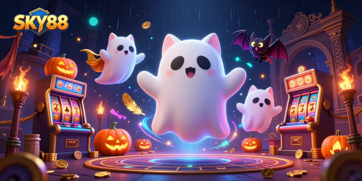 Experience the fun at SKY88 with an exciting haunted casino scene featuring the ghost cat and jack-o-lanterns.