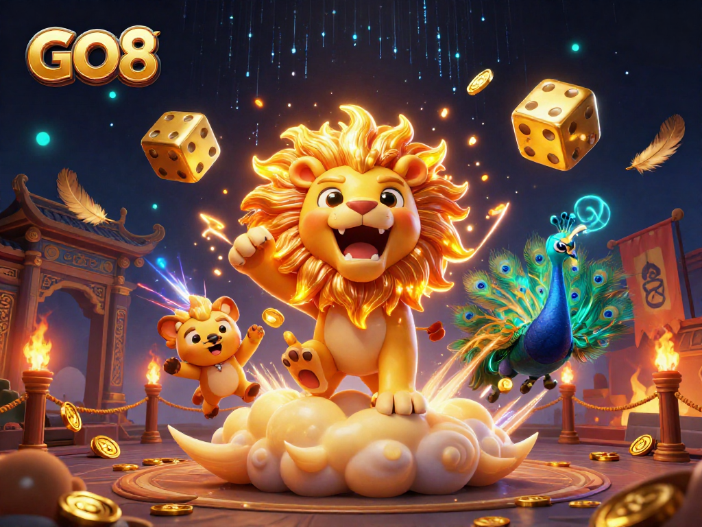 Engage in exciting gaming with GO8's vibrant 3D cartoon illustration featuring rich casino elements and lively characters.