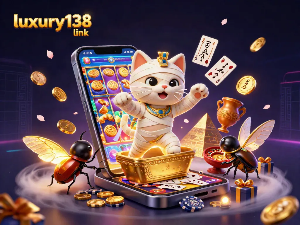 Menghadirkan link luxury138 dalam ilustrasi kasino 3D dengan kucing mumia dan banyak elemen perjudian.