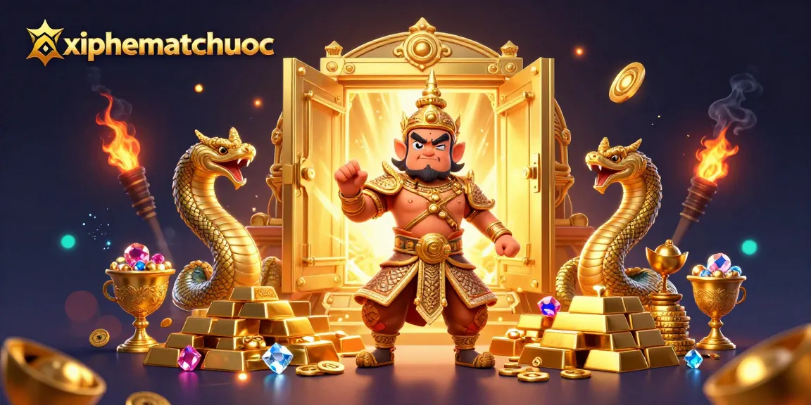 xiphematchuoc features a vibrant 3D illustration of a Thai temple guardian and Naga companions amidst treasure