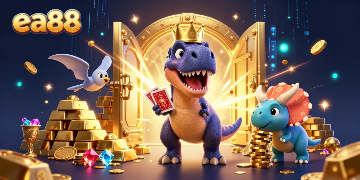 ea88 players enjoy a dynamic casino scene with 3D cartoon characters surrounded by gold coins and treasure