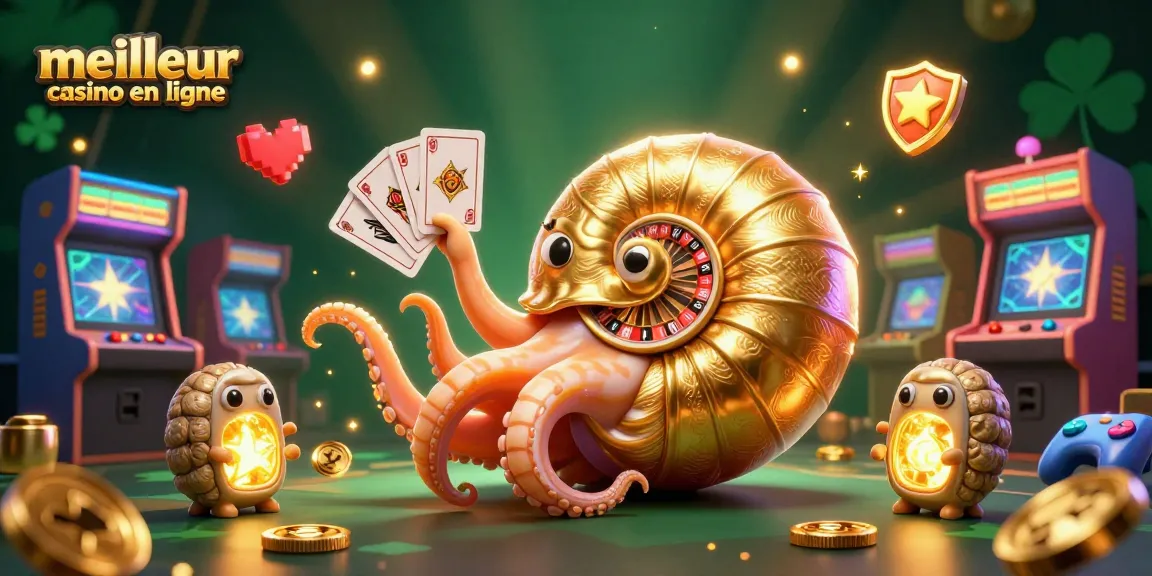 Expérimentez le meilleur casino en ligne avec cette illustration 3D dynamique représentant un nautilus et des machines de jeu colorées.