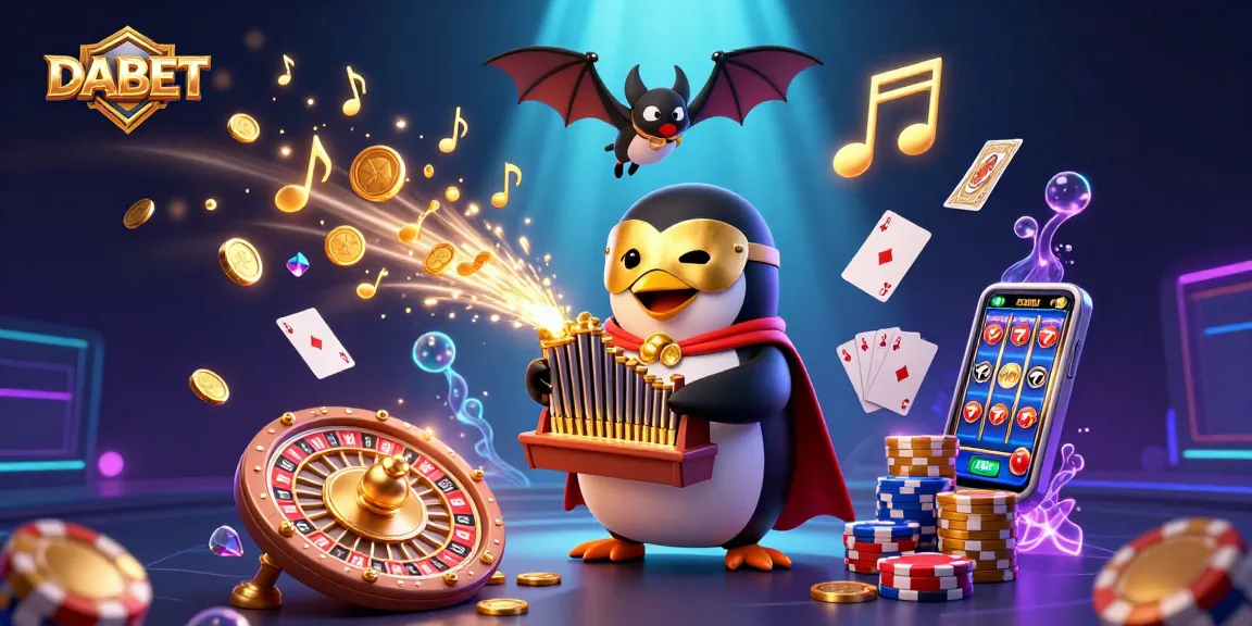 DABET casino illustration featuring a penguin playing an organ that shoots golden coins, surrounded by dynamic gambling elements.