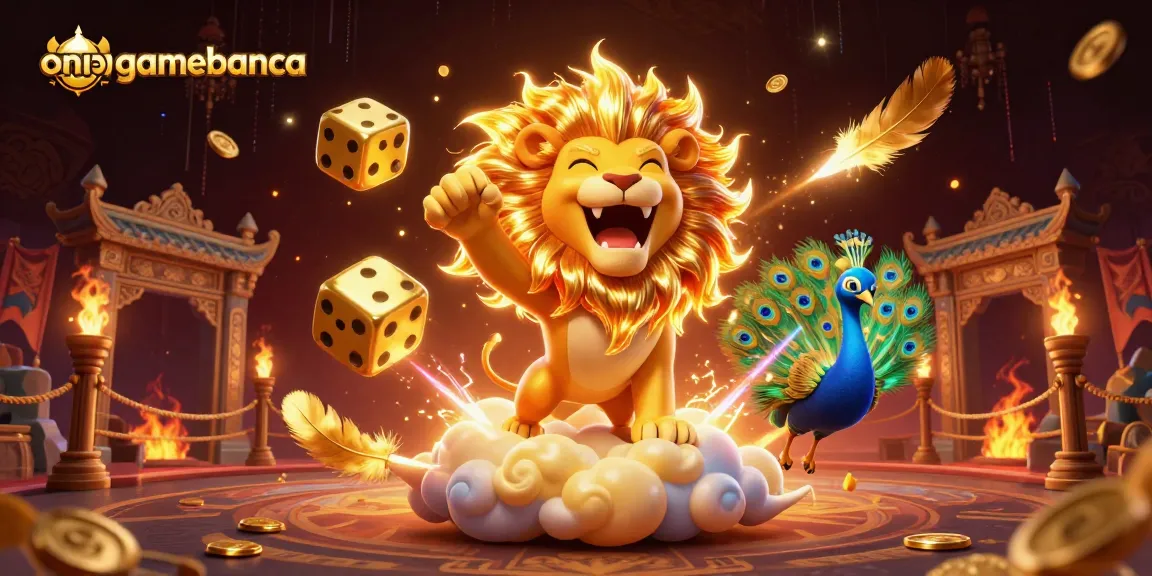 Engaging onlinegamebanca experience featuring a dynamic, vibrant 3D scene of a roaring lion and golden dice.