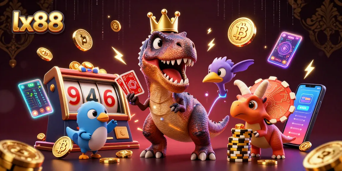 Play exciting games at lx88 with a fun dinosaur-themed casino illustration featuring card shuffling and chip stacking.