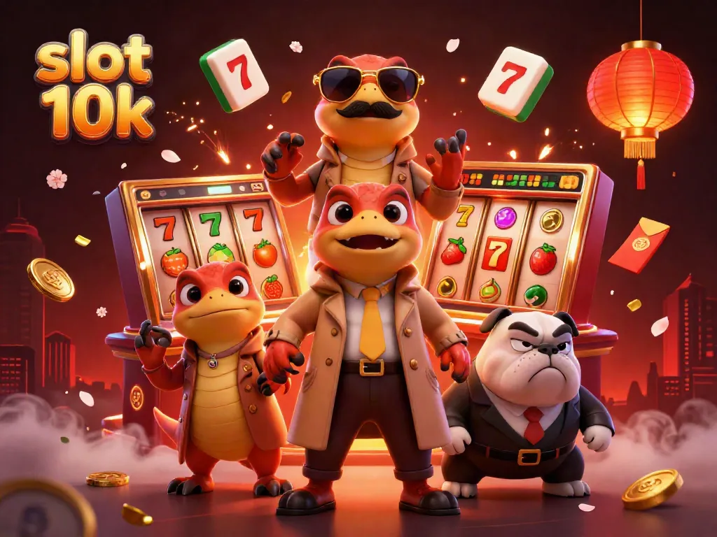 Experience thrilling wins in the slot 10k game with cartoon raptors entering a casino.