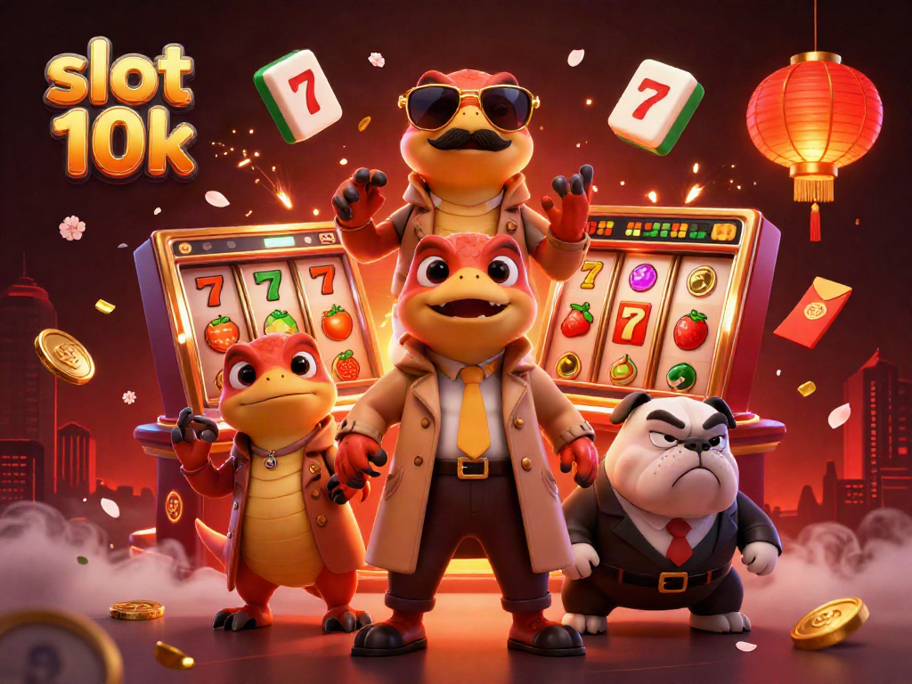 Experience thrilling wins in the slot 10k game with cartoon raptors entering a casino.