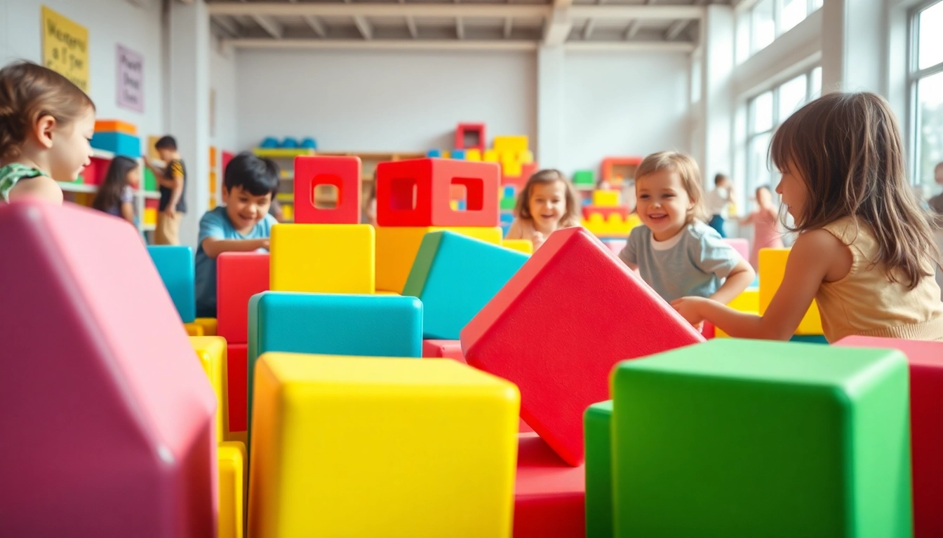 Children build creative structures with giant foam blocks, providing more details on playtime fun.