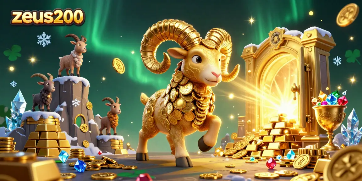 Gambarkan zeus200 menampilkan domba emas besar berlari ke arah gerbang emas, dikelilingi harta karun berkilauan.