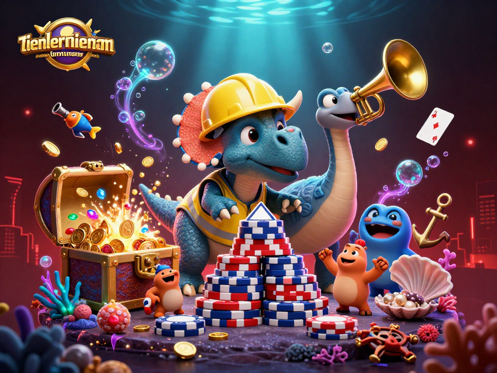 Engaging illustration showcasing the excitement of tienlenmiennam with triceratops and casino elements.