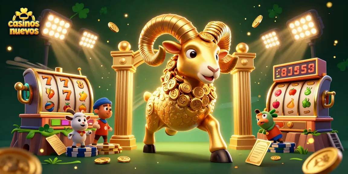 Explora casinos nuevos en una ilustración vibrante de un carnero dorado cargando hacia una puerta dorada llena de emoción.