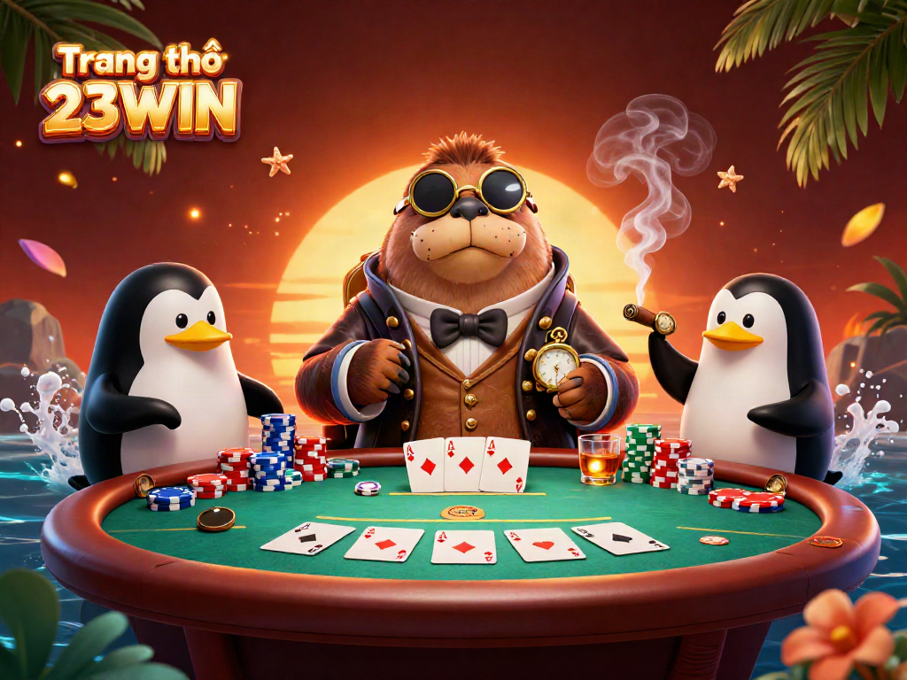 Playing poker at Trang chủ 23WIN with a walrus, penguin dealer, and pufferfish atmosphere.
