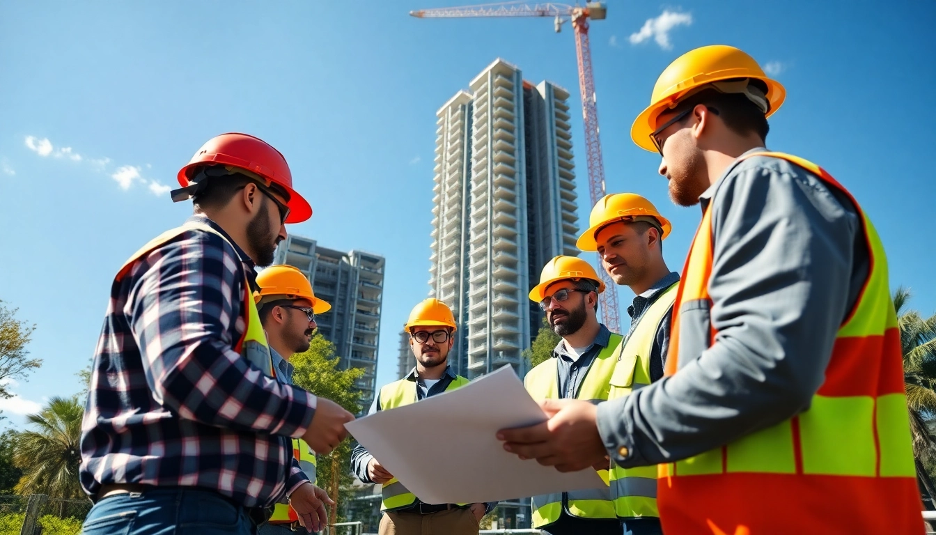 Workers in commercial construction corpus christi tx collaborating on a new office building project.