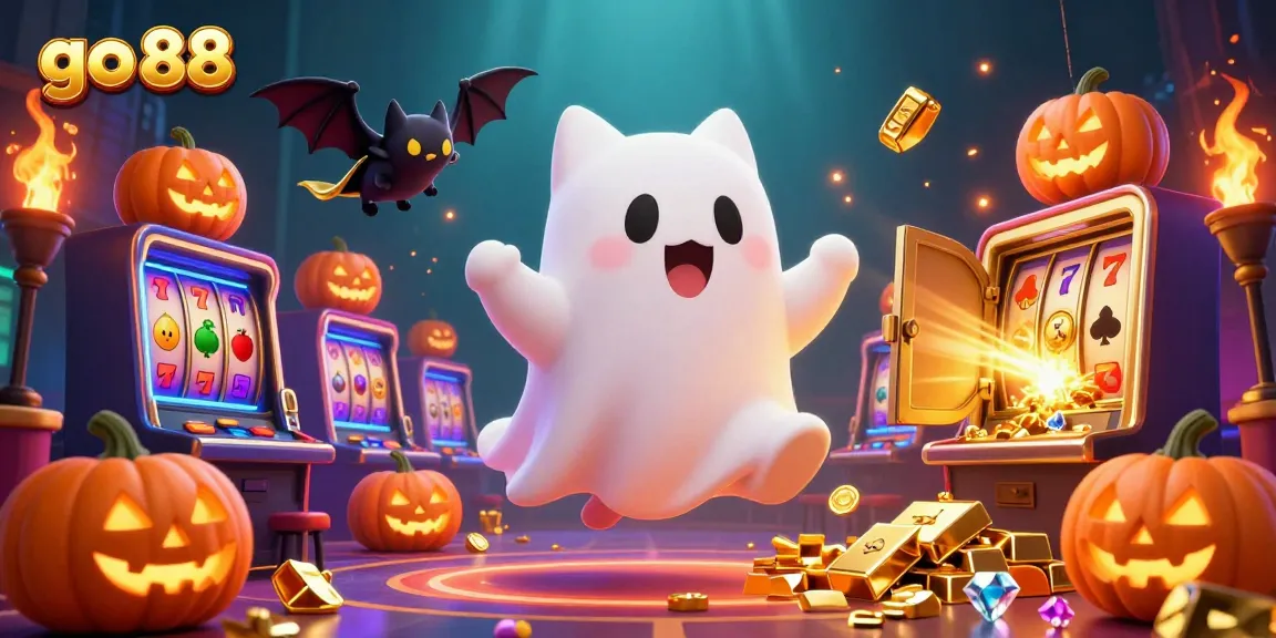 Experience the thrilling world of go 88 in this vibrant casino scene with ghost cat and vampire bat.