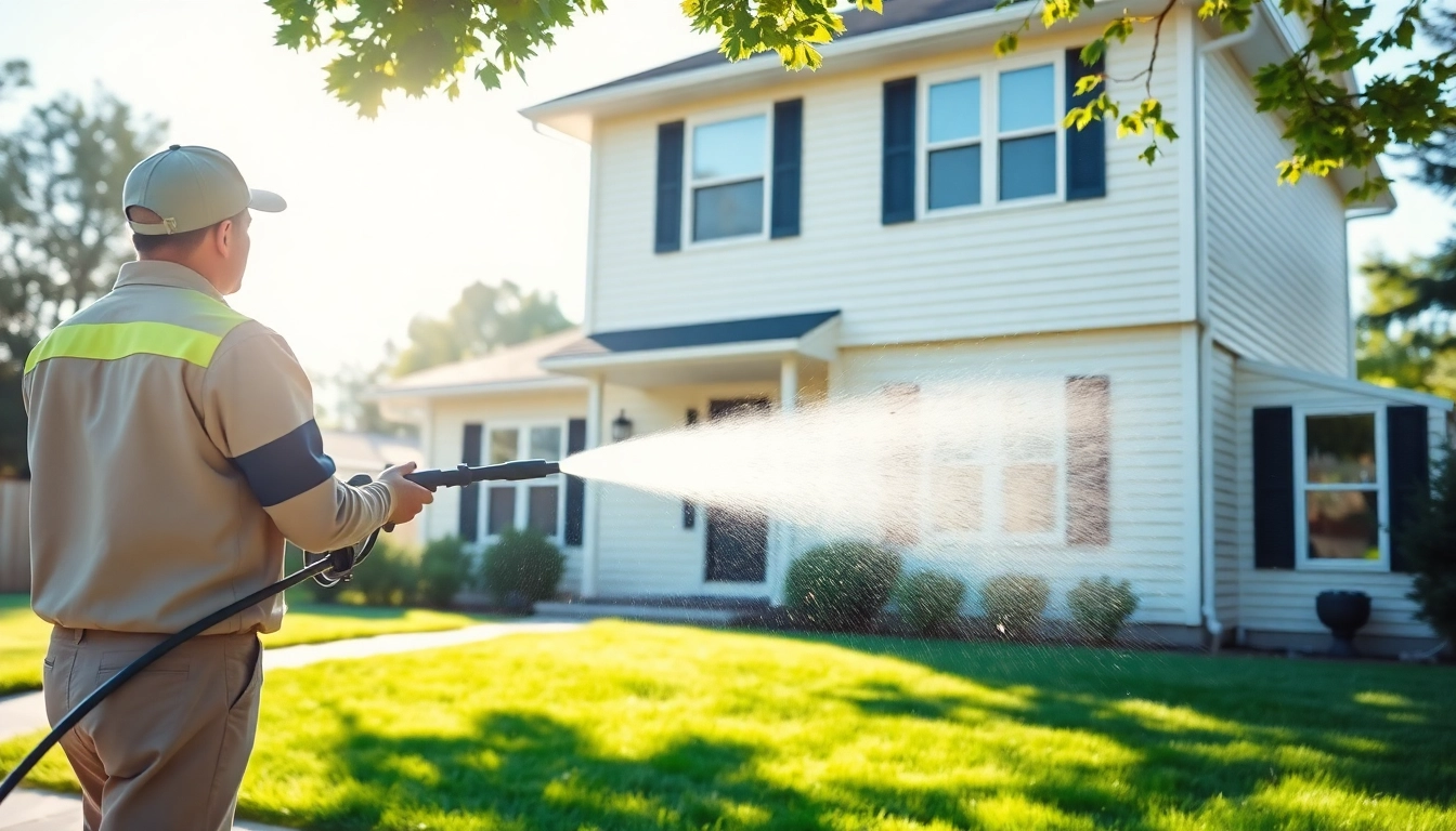 House Washing technician using a pressure washer to clean a home's exterior.