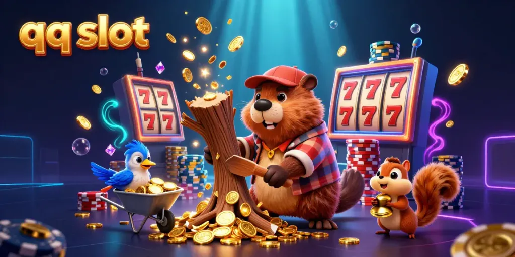 Play exciting qq slot games with a cartoon lumberjack beaver and friends amidst treasures raining down.