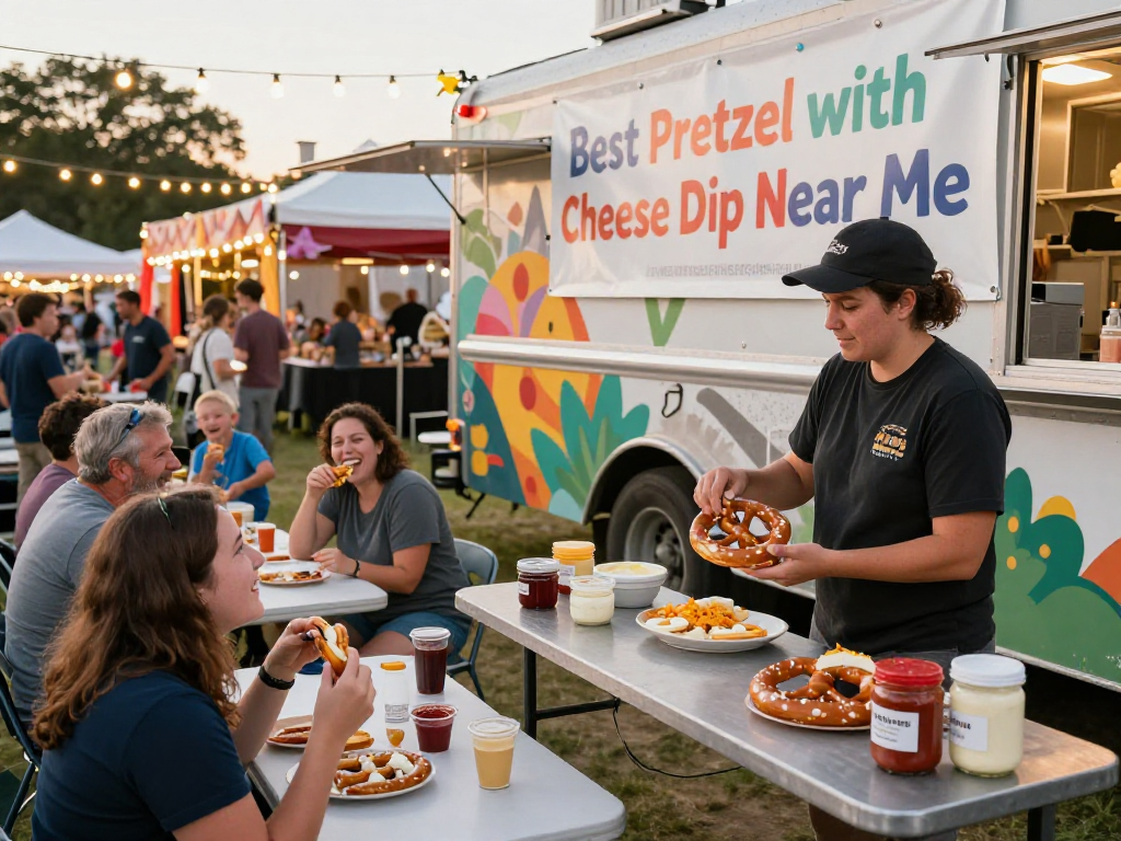 Delicious scene showcasing the best pretzel with cheese dip near me at a festive food truck event.