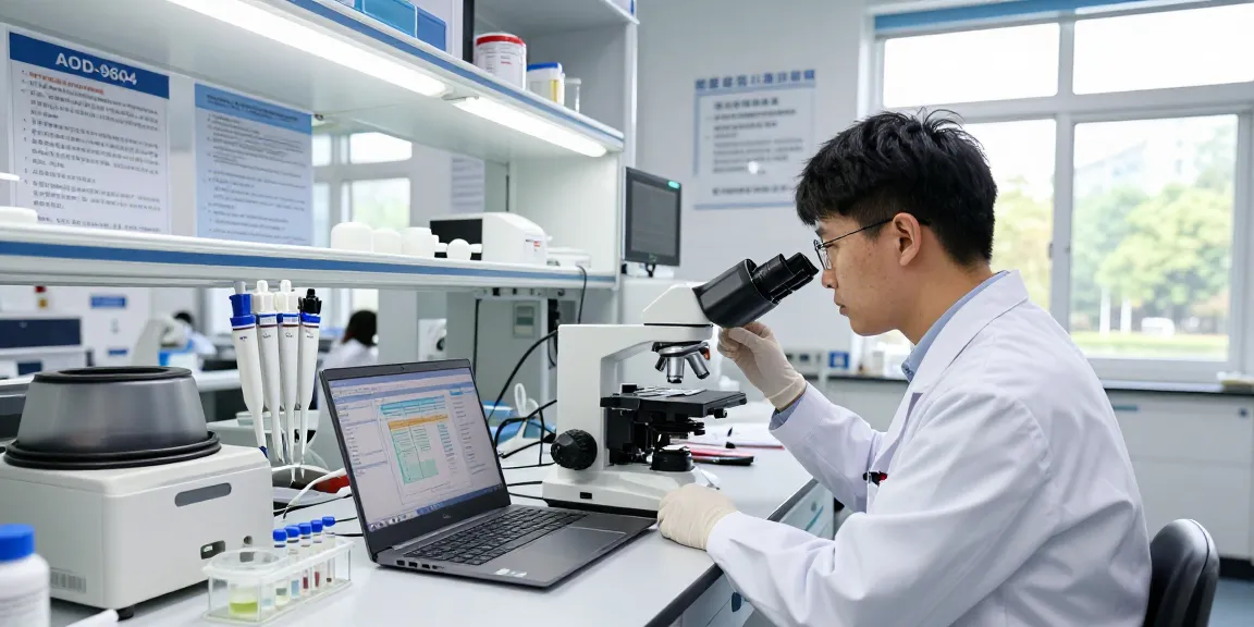 Scientist analyzing research-grade AOD-9604 in a modern lab environment.