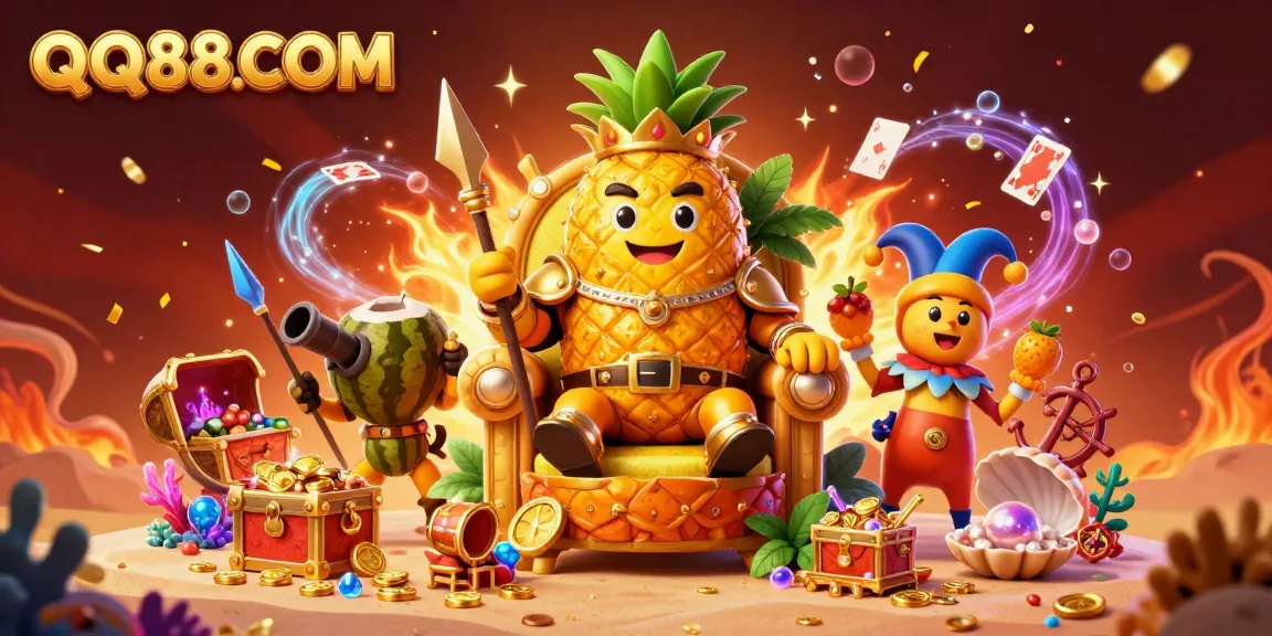 Engage in thrilling gameplay with QQ88COM, featuring a vibrant casino scene full of fun characters and exciting game elements.