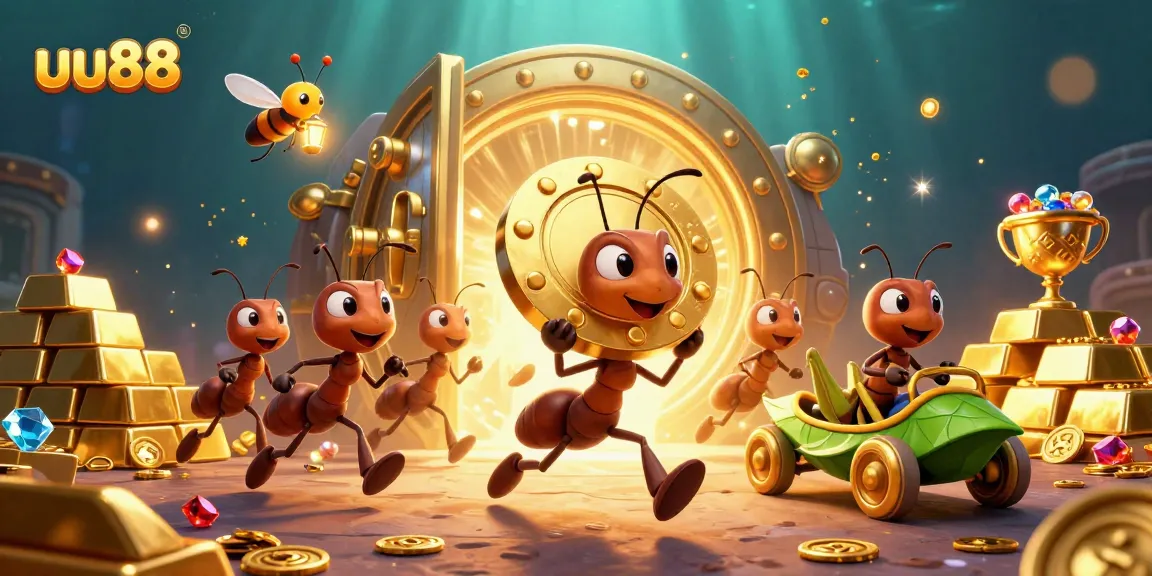 Experience uu88's thrilling heist as ants carry a giant poker chip through vibrant casino treasures.