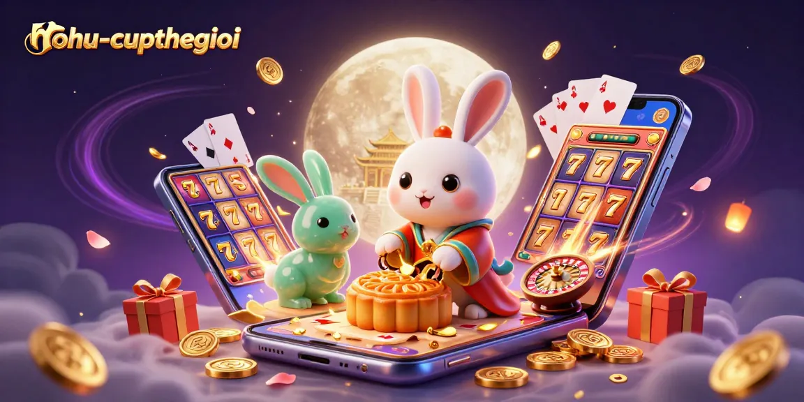Experience nohu-cupthegioi casino excitement with a moon rabbit revealing poker chips in a vibrant 3D scene.
