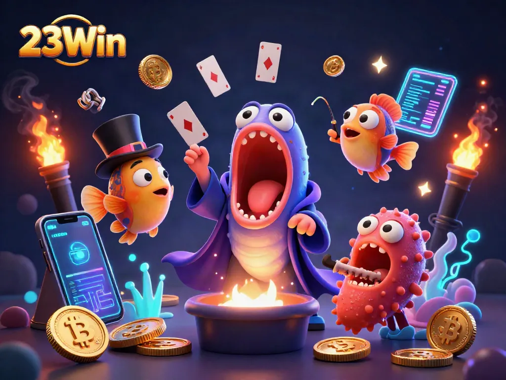 Engage with 23Win’s thrilling card magic performance by deep-sea characters in a vibrant casino scene.