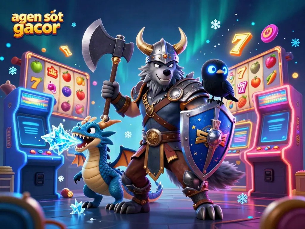 Engage with agen slot gacor through a vibrant scene with a Viking wolf warrior, dragon, and animated slot elements.