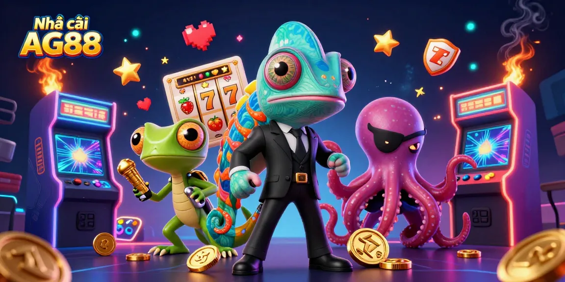 Engage with Nhà cái AG88's exciting slot games featuring vibrant characters and casino elements in a lively 3D scene.