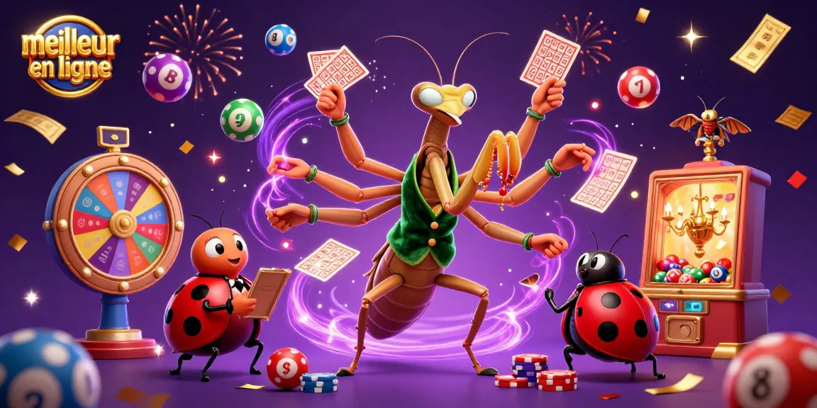 Illustration dynamique illustrant le meilleur casino en ligne avec une mante religieuse et un chef de salle, entourés de jeux de loterie.