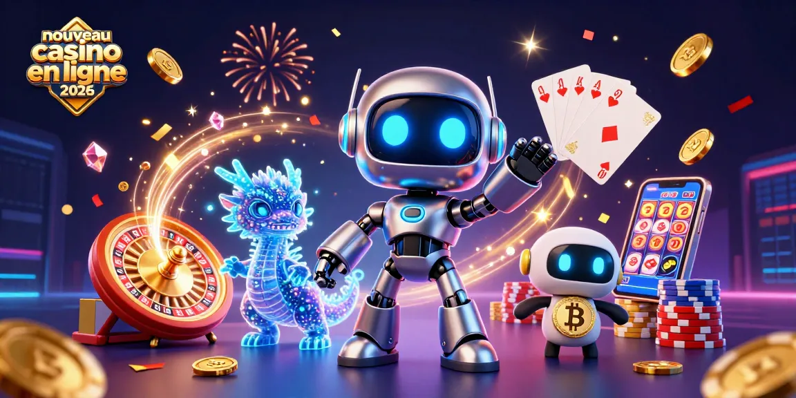 Illustration 3D dynamique représentant un nouveau casino en ligne 2026 avec un robot cybernétique et des éléments de jeu