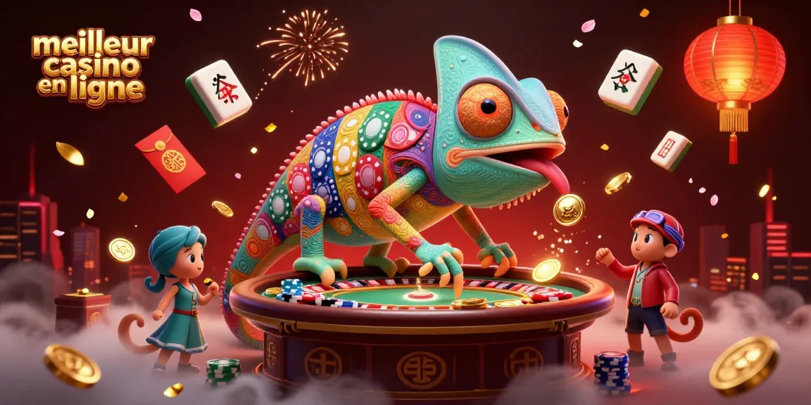 Profitez du meilleur casino en ligne avec un caméléon animé et une ambiance festive.