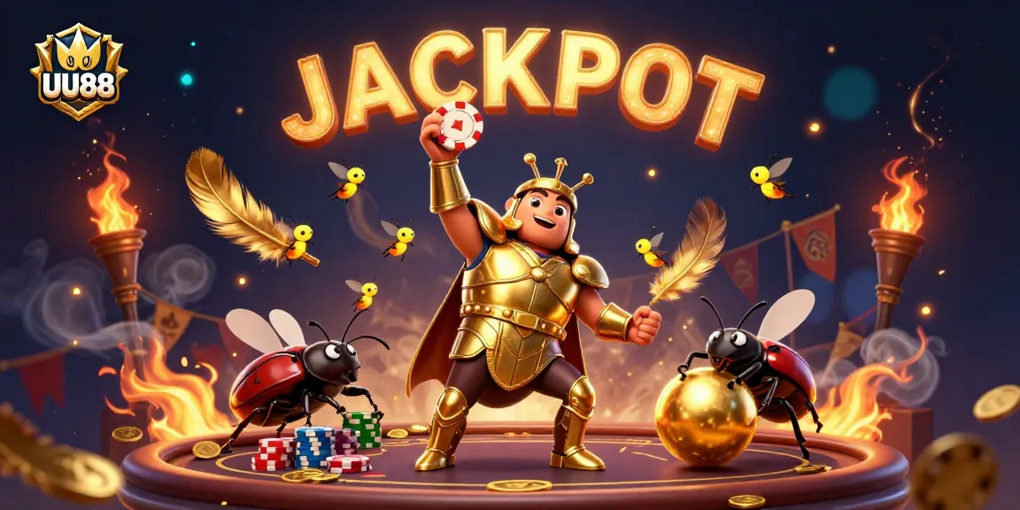 UU88 - Exciting illustration of a hercules beetle lifting a poker chip amidst a dynamic casino scene.