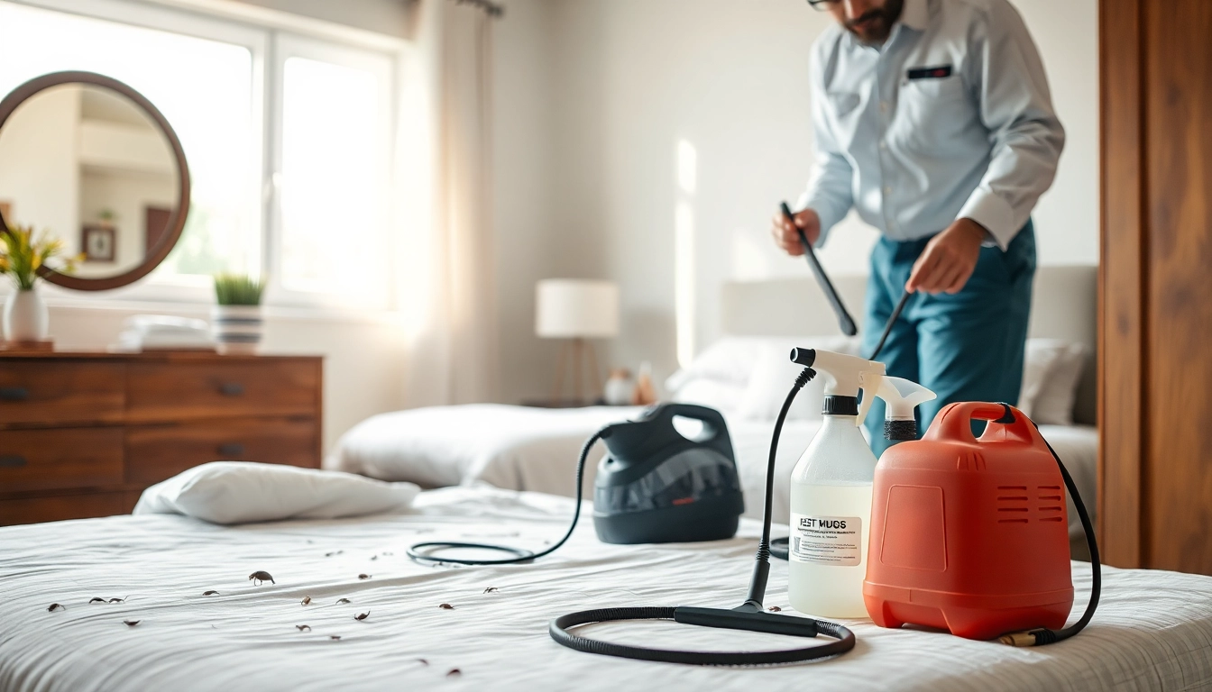 Effective bed bug treatment process displayed by a pest control expert in a bedroom setting.