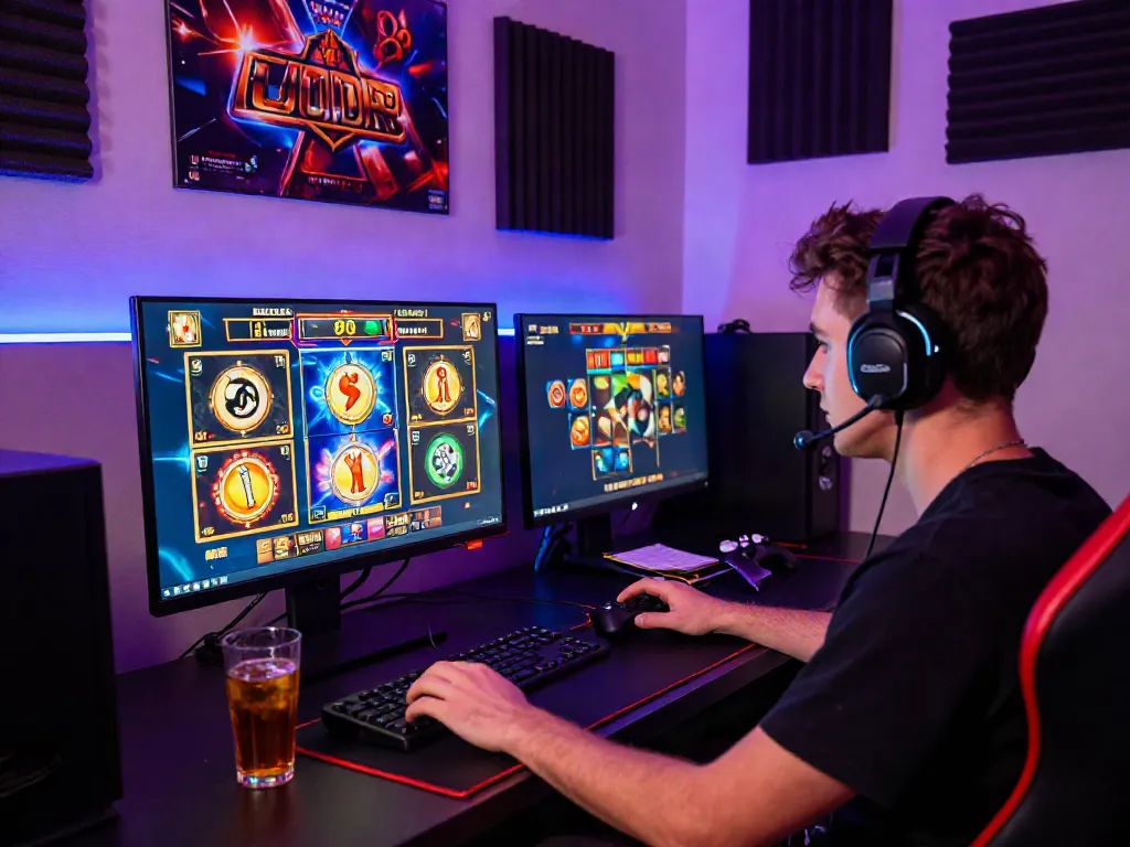 Player enjoying slot maxwin games in an immersive gaming setup with colorful graphics.