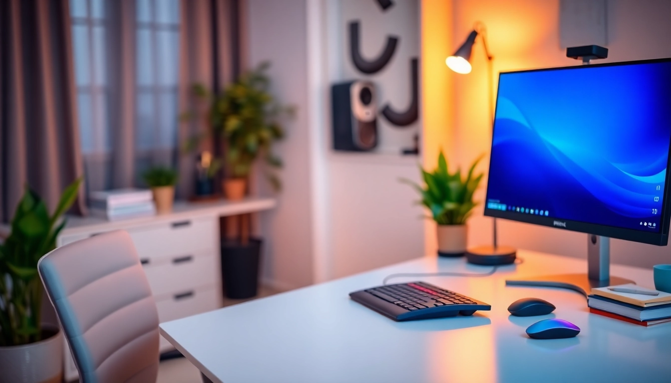 Επαγγελματικός υπολογιστής pc σε γραφείο με ζεστό φωτισμό και άνετη καρέκλα.